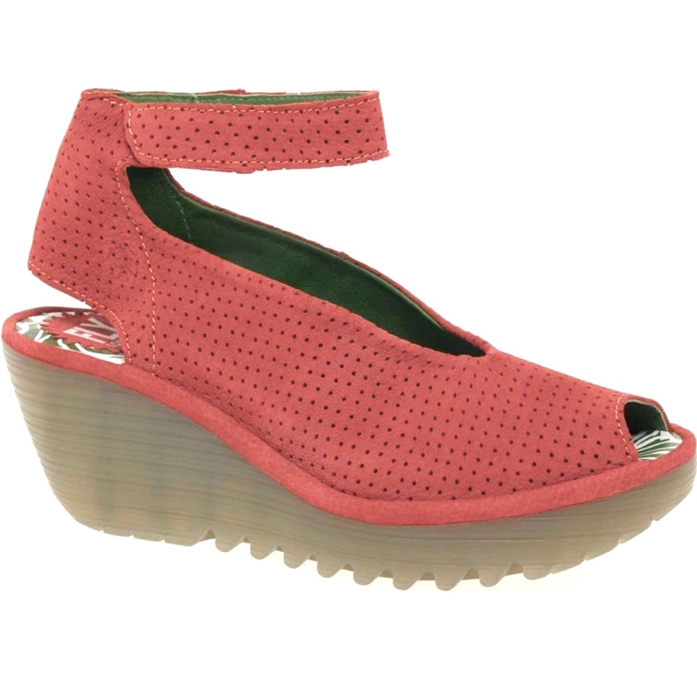 Fly London Yala Perf Red Perforated Wedge Sandals W/Ankle Strap Size: 38 /US 7.5